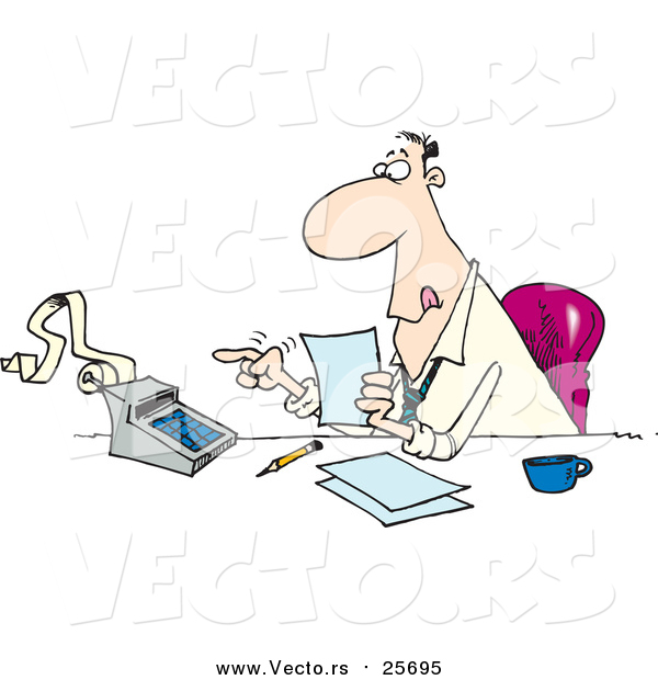 Cartoon Vector of a Busy Accountant Using a Calculator at His Desk