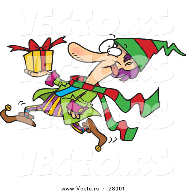Cartoon Vector of a Busy Christmas Elf Running with a Present