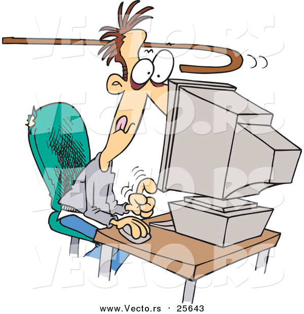 Cartoon Vector of a Cane Reaching to Pull an Addicted Man Away from a Computer