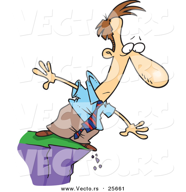 Cartoon Vector of a Cartoon Business Man Standing on a Cliff and Looking down