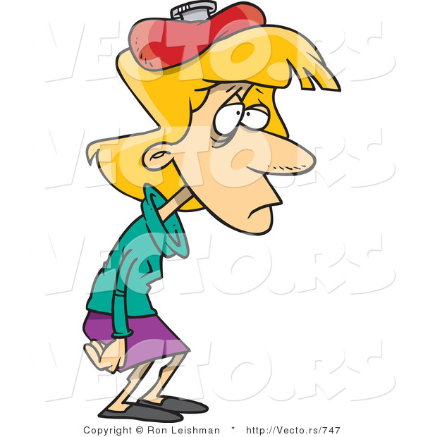 Cartoon Vector of a Cartoon Office Assistant with a Migraine and Ice Pack over Head