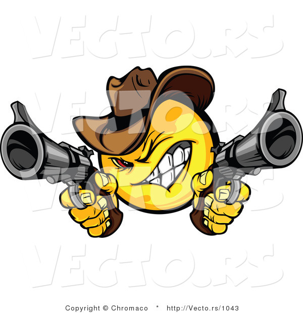 Cartoon Vector of a Cartoon Smiley Cowboy Shooting Pistols While Grinning