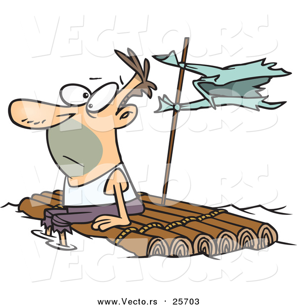 Cartoon Vector of a Caucasian Man Adrift on a Log Raft