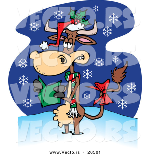 Cartoon Vector of a Christmas Cow Singing Carols While It Snows