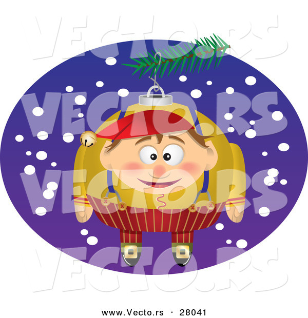 Cartoon Vector of a Christmas Elf Ornament Hanging on a Tree Outside with Snow Falling in the Background