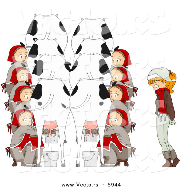 Cartoon Vector of a Christmas Girl with Eight Maids Milking Cows