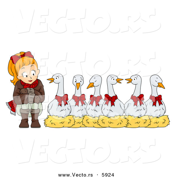 Cartoon Vector of a Christmas Girl with Six Geese a Laying