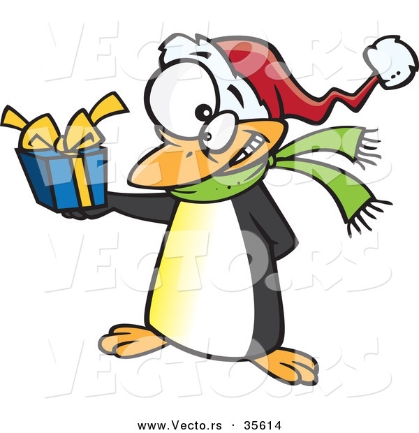 Cartoon Vector of a Christmas Penguin Holding Present