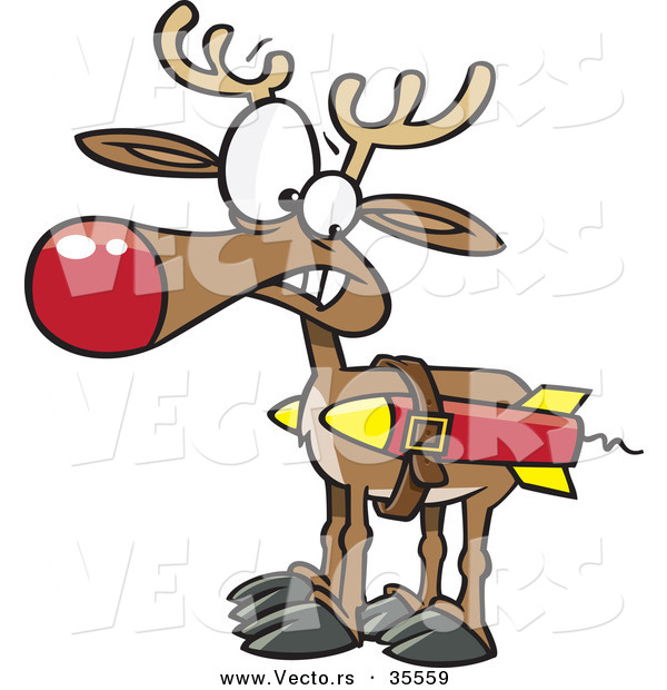 Cartoon Vector of a Christmas Reindeer Strapped to a Couple Rockets
