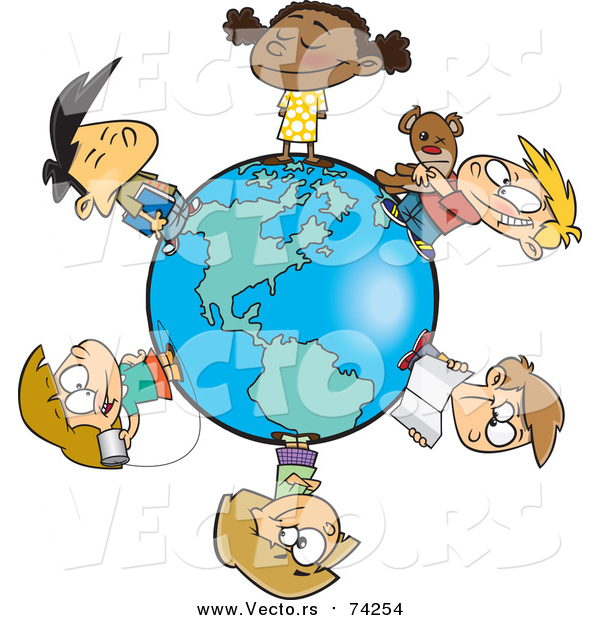 Cartoon Vector of a Circle of Kids on a Small World