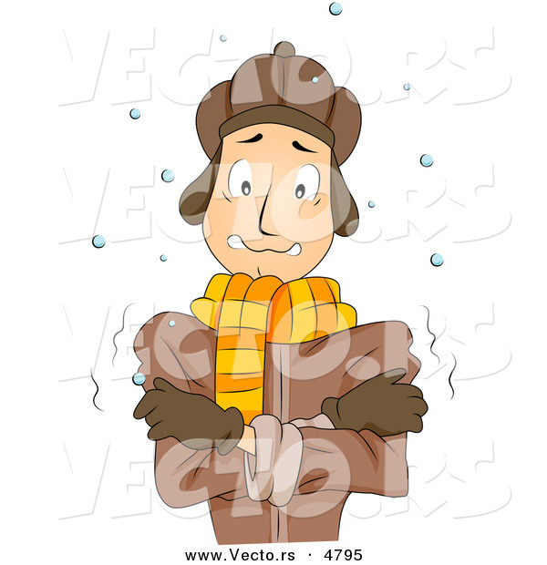 Cartoon Vector of a Cold Man Shivering Outside in Winter Weather