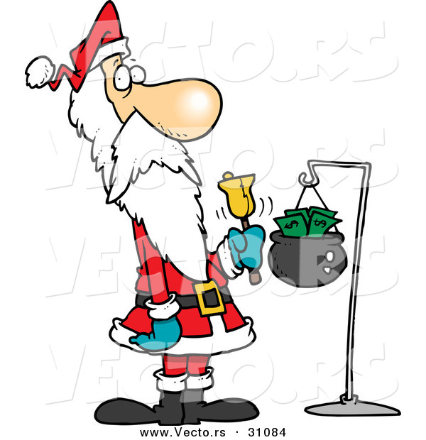 Cartoon Vector of a Cold, Skinny Santa Ringing Gold Bell for Donations