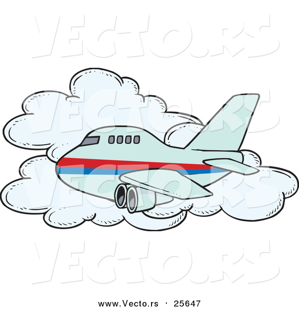 Cartoon Vector of a Commercial Airliner Plane Passing a Cloud in Flight