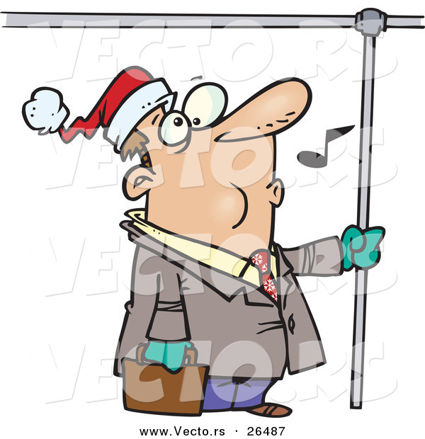Cartoon Vector of a Commuting Man Whistling and Wearing a Santa Hat