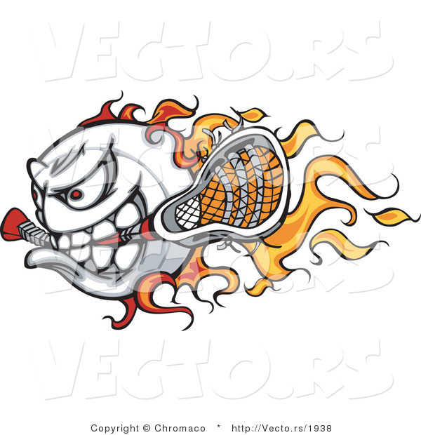 Cartoon Vector of a Competitive Flaming Lacrosse Ball Mascot Speeding Forward