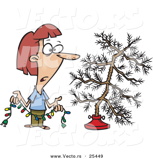 Cartoon Vector of a Confused Woman Holding Colorful Christmas Lights and Looking at Her Dead Christmas Tree in the Stand