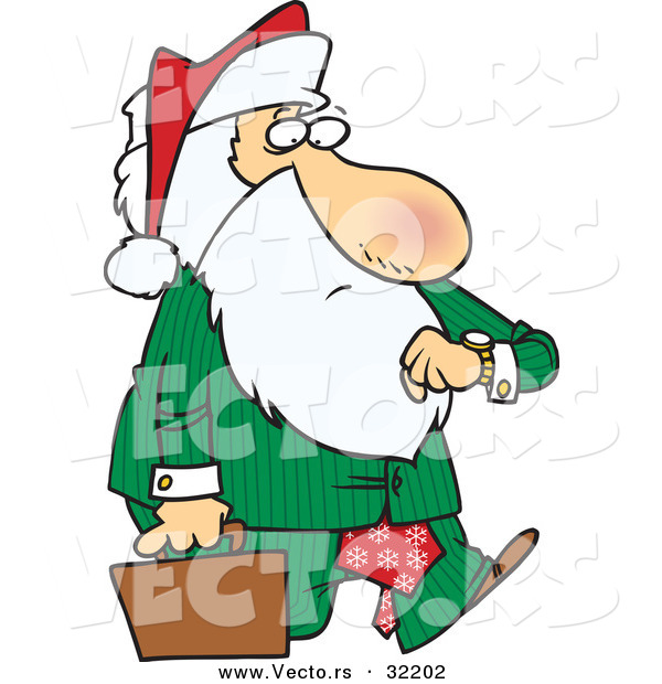 Cartoon Vector of a Corporate Santa Checking Time While Carrying Briefcase