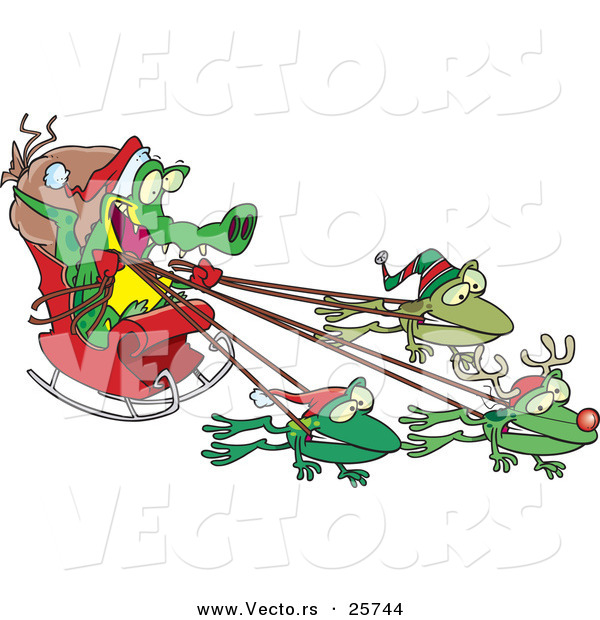Cartoon Vector of a Crocodile Santa with Frog Reindeer Pulling His Sleigh