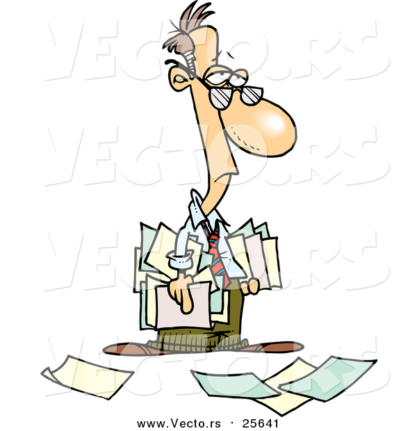 Cartoon Vector of a Depressed Business Man Carrying and Dropping Documents