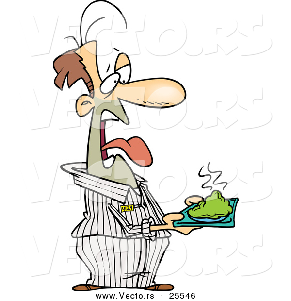 Cartoon Vector of a Disgusted Male Prisoner Holding a Plate of Green Food
