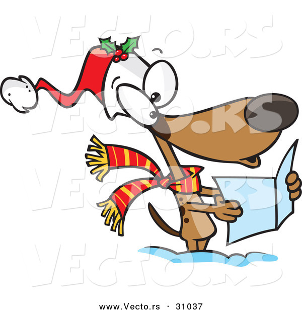 Cartoon Vector of a Dog Singing Christmas Carols Outside in the Snow