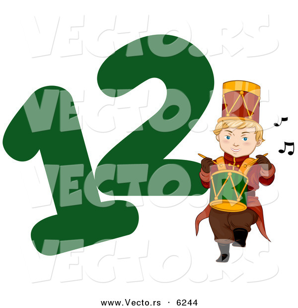 Cartoon Vector of a Drummer Drumming Beside a Green Number Twelve for Christmas