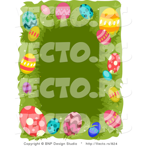 Cartoon Vector of a Easter Border with Colorful Eggs over Grass