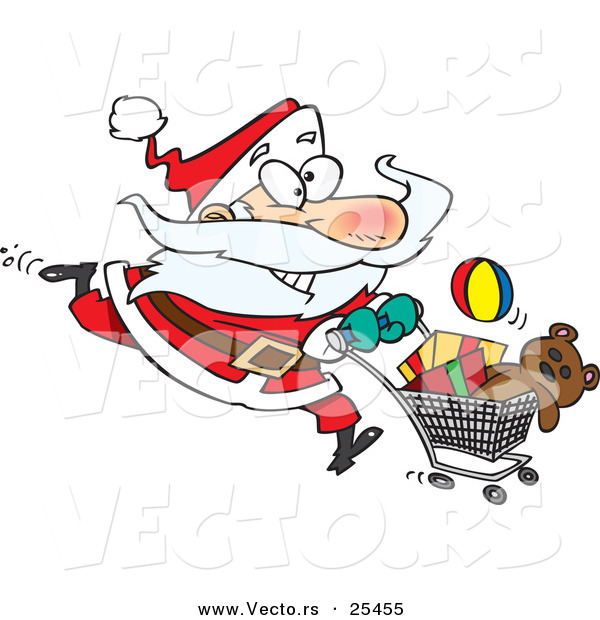Cartoon Vector of a Energetic Santa Running with a Shopping Cart Full of Toys for Christmas Gifts