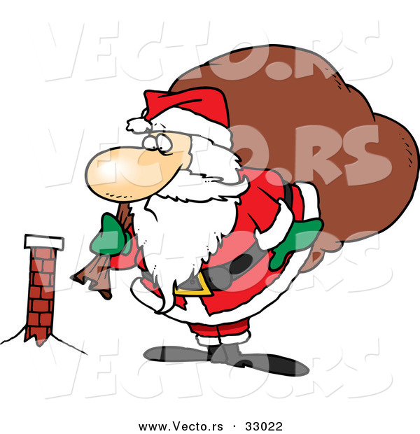Cartoon Vector of a Fat Santa Looking at Tiny Chimney
