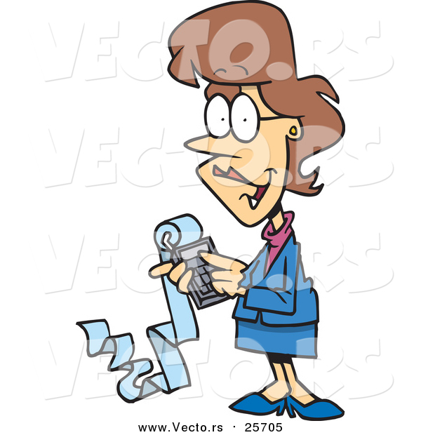 Cartoon Vector of a Female Accountant Holding a Calculator with a Long Strip of Paper