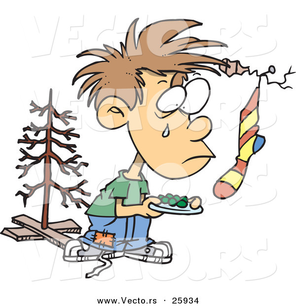 Cartoon Vector of a Financially Poor Christmas Boy Wanting More on Christmas