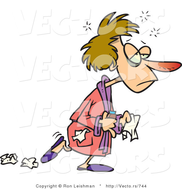 Cartoon Vector of a Flu Sick Woman with Red Nose and Achy Head