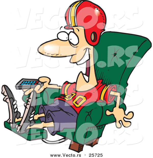 Cartoon Vector of a Football Fan Watching TV in an Arm Chair