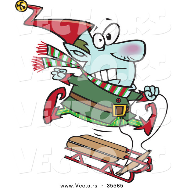 Cartoon Vector of a Freezing Christmas Elf Riding a Sled