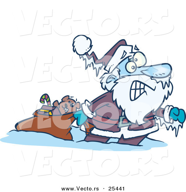 Cartoon Vector of a Frozen Santa Trying to Pull Sack Full of Christmas Presents