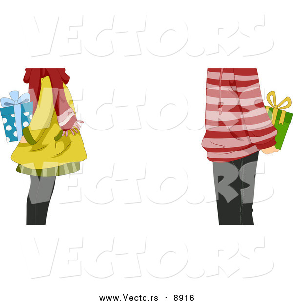 Cartoon Vector of a Girl and Boy Exchanging Gifts on Christmas
