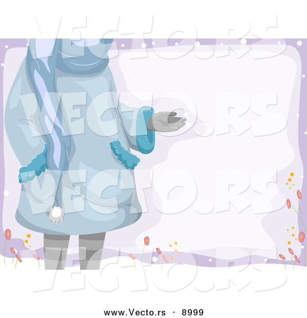 Cartoon Vector of a Girl Holding Hand out over Blank Sign Outside in Winter Weather