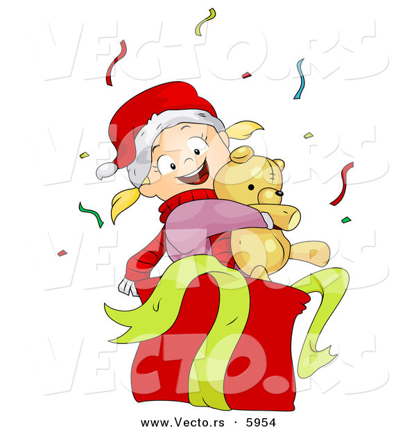 Cartoon Vector of a Girl Hugging Christmas Teddy Bear in a Gift Box