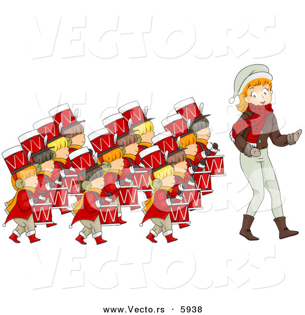 Cartoon Vector of a Girl Leading Twelve Drummers Drumming on the Twelfth Day of Christmas