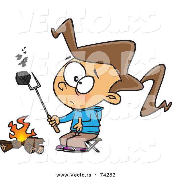 Cartoon Vector of a Girl Looking at a Blackened Marshmallow by a Campfire