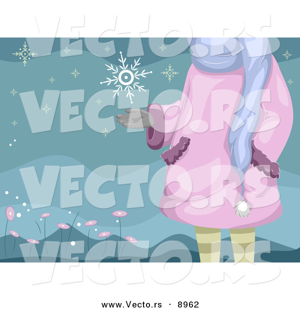 Cartoon Vector of a Girl Standing Catching a Snowflake in Her Hand