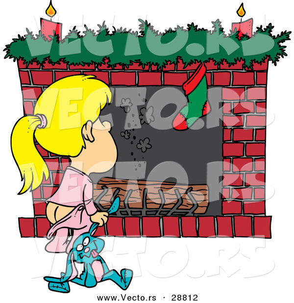Cartoon Vector of a Girl Waiting for Santa to Crawl down the Fireplace