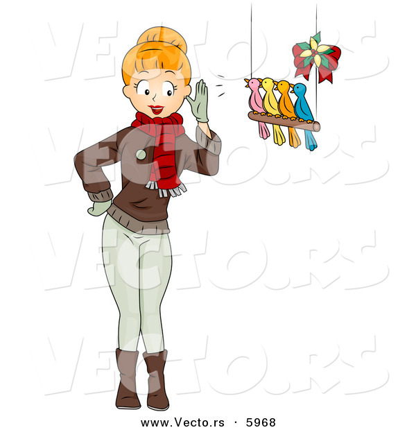 Cartoon Vector of a Girl with Four Birds Calling for Christmas
