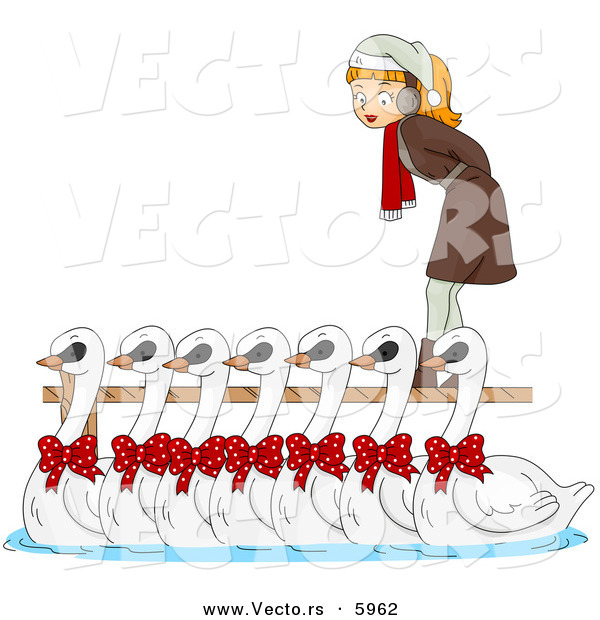 Cartoon Vector of a Girl with Seven Swans a Swimming for Christmas