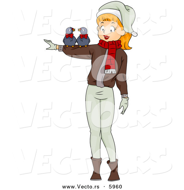 Cartoon Vector of a Girl with Two Turtle Doves for Christmas