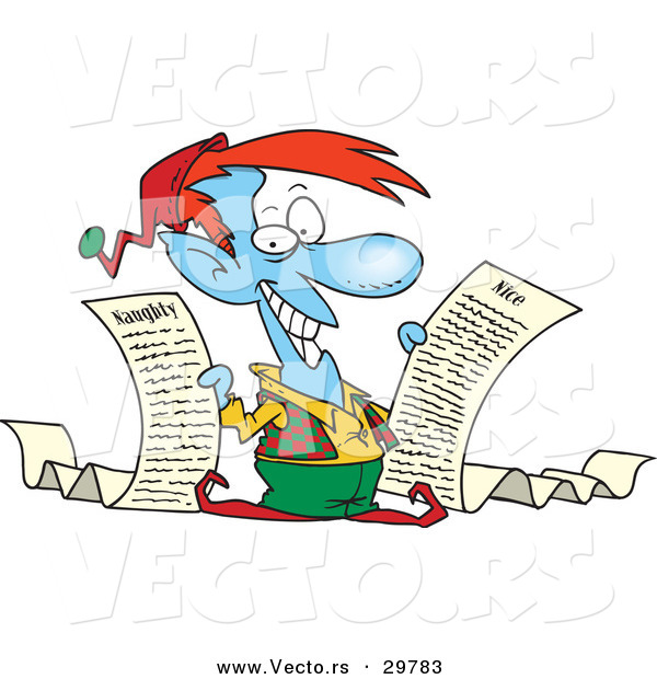 Cartoon Vector of a Grinning Christmas Elf with Naughty and Nice Lists