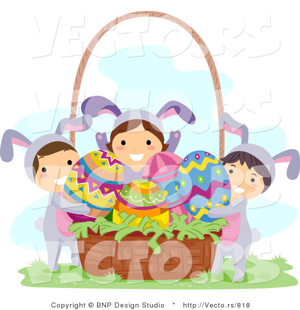 Cartoon Vector of a Group of Kids Putting Eggs in a Basket
