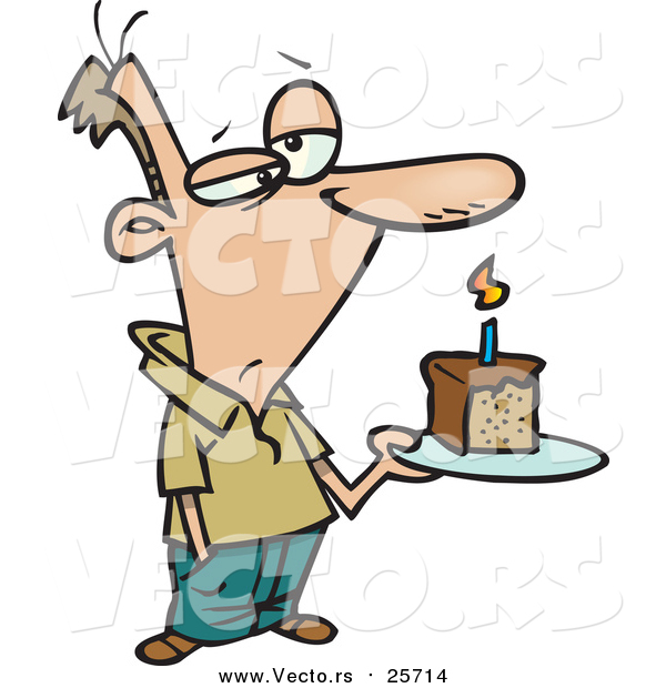 Cartoon Vector of a Grumpy Birthday Man Holding a Slice of Cake