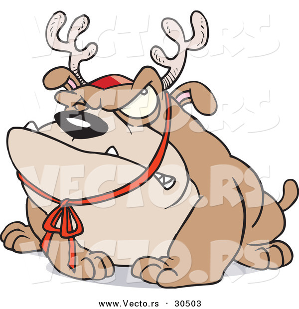 Cartoon Vector of a Grumpy Bulldog Wearing Reindeer Antlers