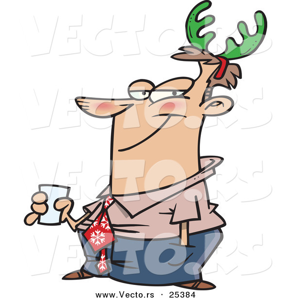Cartoon Vector of a Guy Wearing Green Christmas Antlers on His Head